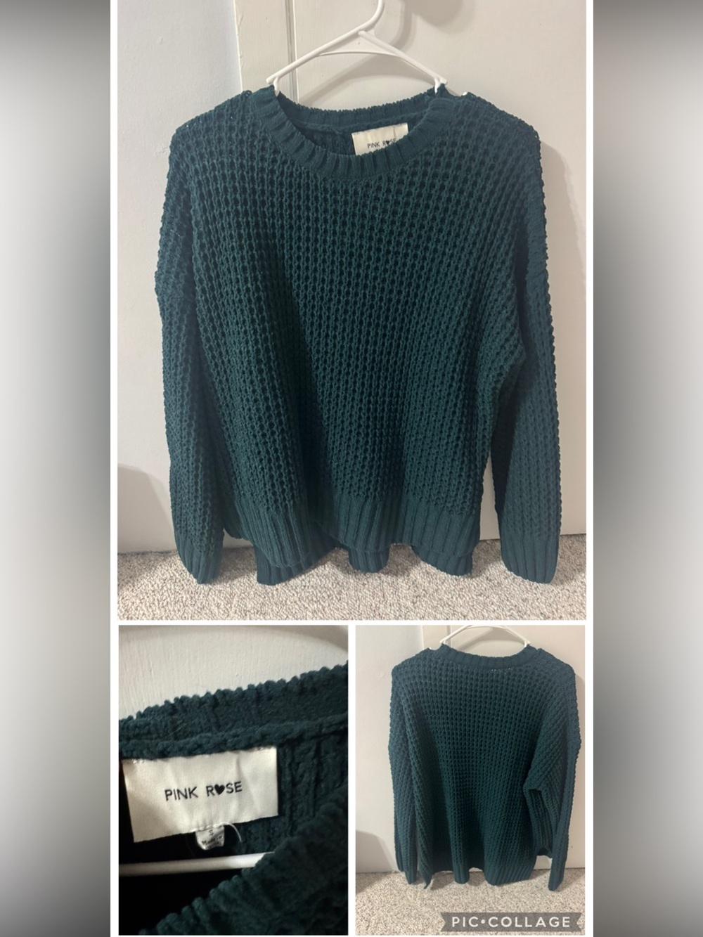 PINK ROSE Deep Teal Waffle Knit Crew Sweater